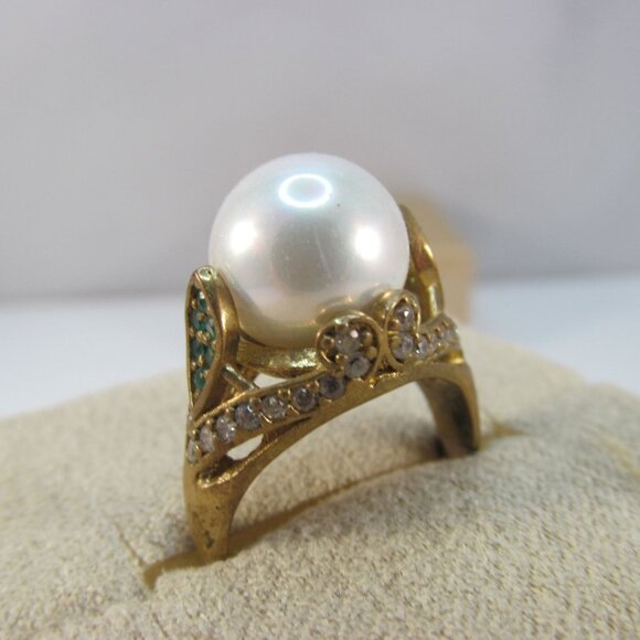925 Jewelry - Faux Pearl Green and Clear Rhinestone Sterling Silver Gold Vermeil Ring Size 8.2